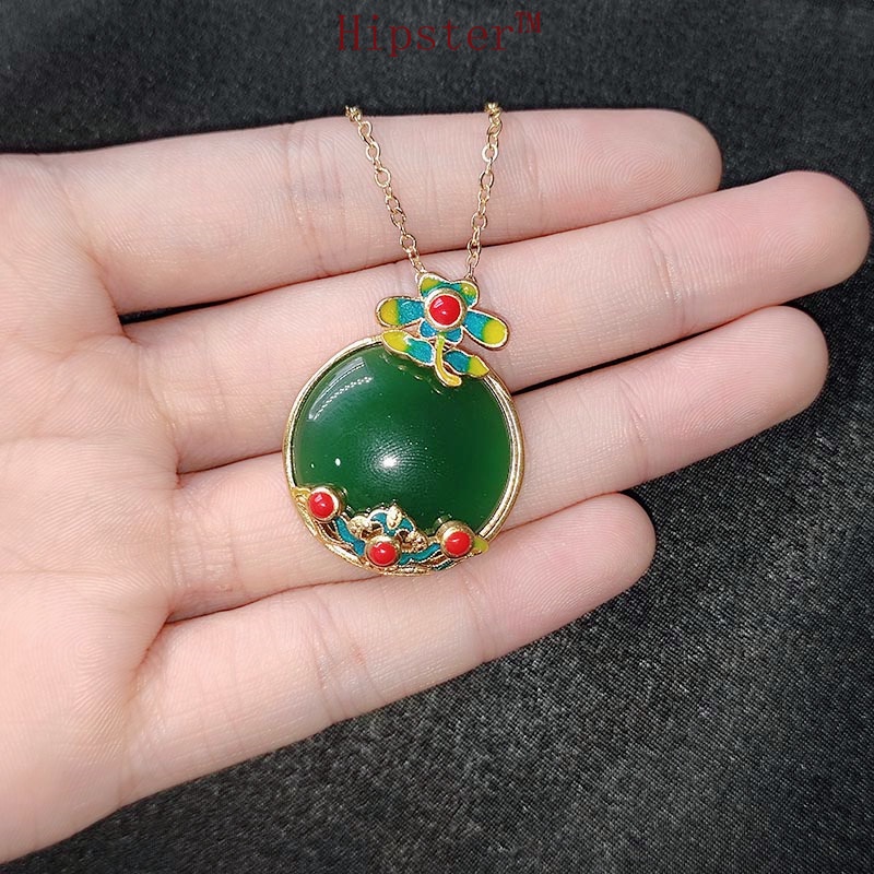 Gold Inlaid with Jade Craft Necklace Pendant for Women