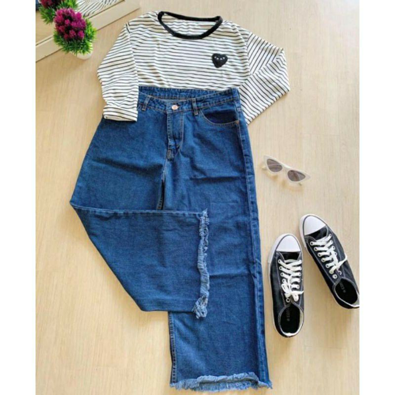 Celana kulot jeans wanita putih jins denim highwaist murah cewek cewe culote Lepis cutbray levis RWS