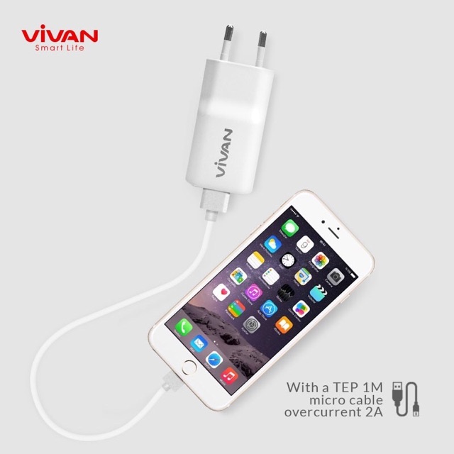 Charger VIVAN Dual USB 2.4A FREE Kabel Micro Adaptor HP Android/iPhone - Garansi 1 Tahun - DD01