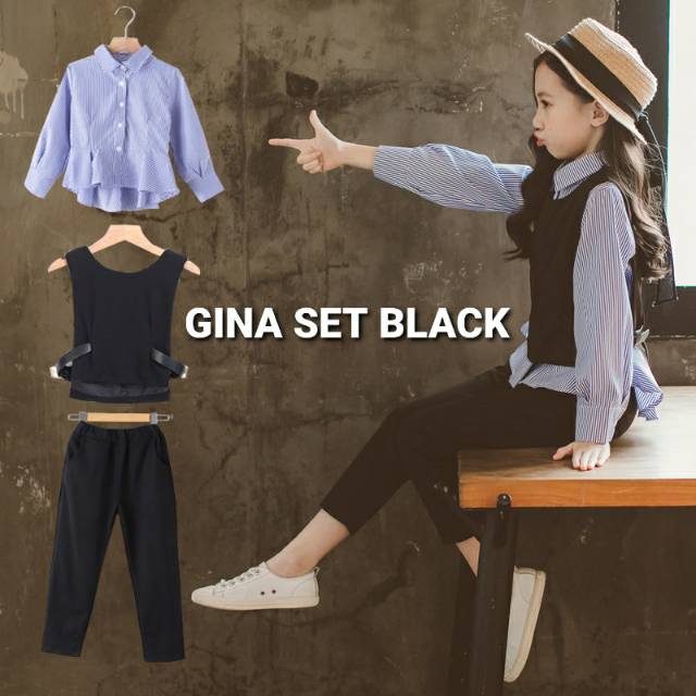 GINA SET / SETELAN KEMEJA PUTIH JEANS ANAK PEREMPUAN IMPORT KOREA MURAH KEREN BAGUS