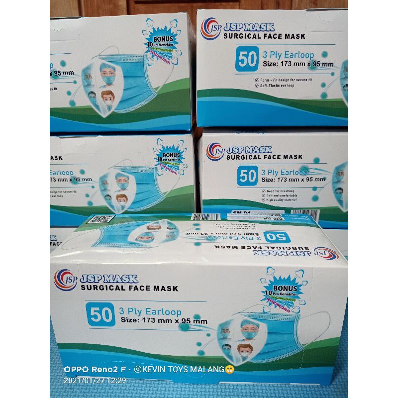 SM 04 Masker 3PLY isi 50 PC FREE 10 KONEKTOR (Masker Hijab) JSP MASK SURGICAL FACE MASK