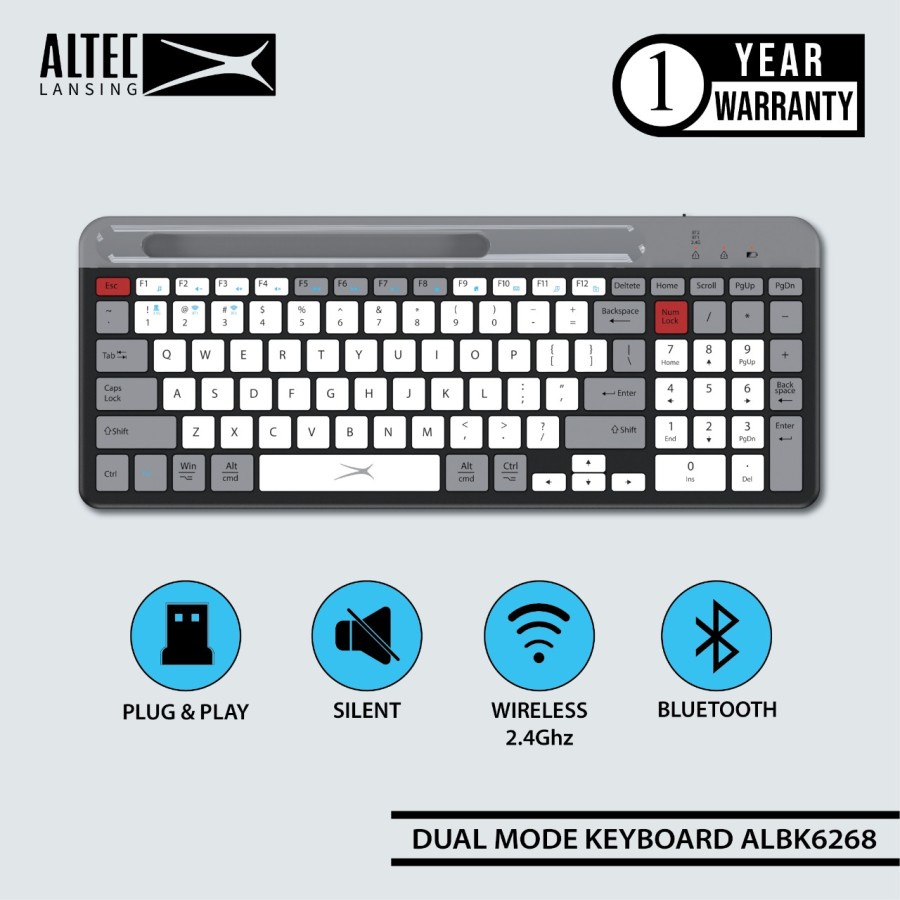 Altec Lansing Keyboard Dual Mode Wireless + Bluetooth ALBK6268 Phone Holder Rechargeable