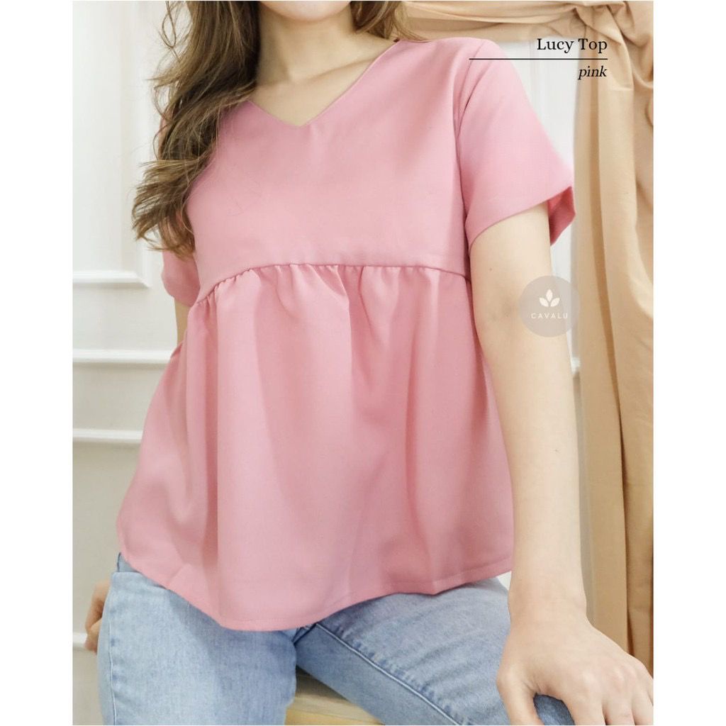 CAVALU 033 Lucy V-Neck Top Premium Baju Atasan Blouse Wanita Moscrepe Premium