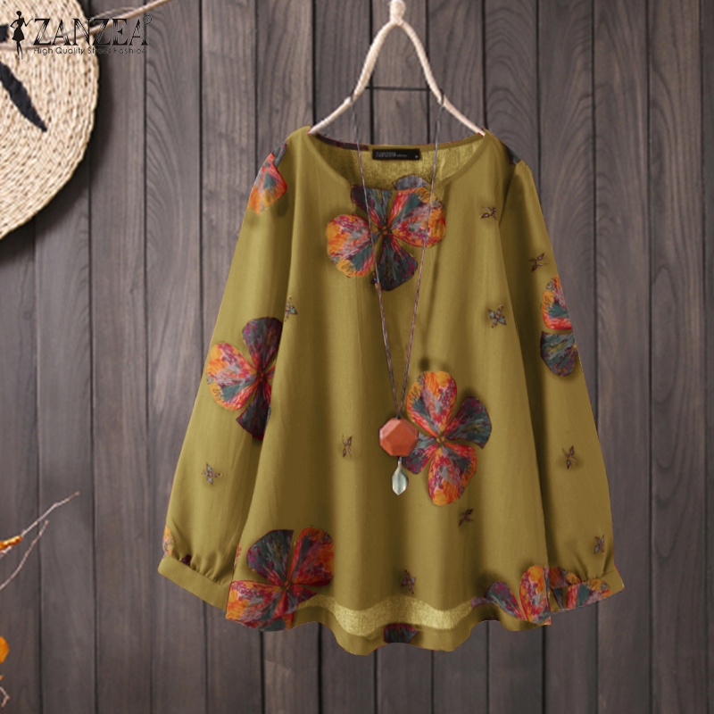 ZANZEA Women Long Sleeve Loose Retro Floral Printed Casual Blouse