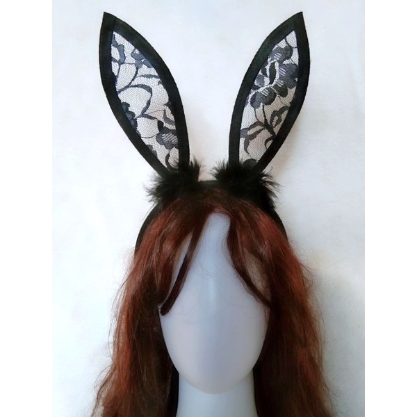 Halloween Bando Kelinci Renda Bulu Ariana Grande untuk Bridal Shower Lace Bunny Ears Headband