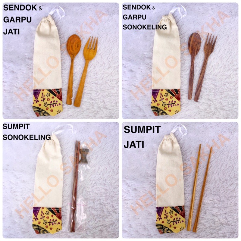 SENDOK GARPU SUMPIT KAYU JATI &amp; SONOKELING + POUCH BELACU BATIK / JATINYA FINISHING BEESWAX + ZAITUN