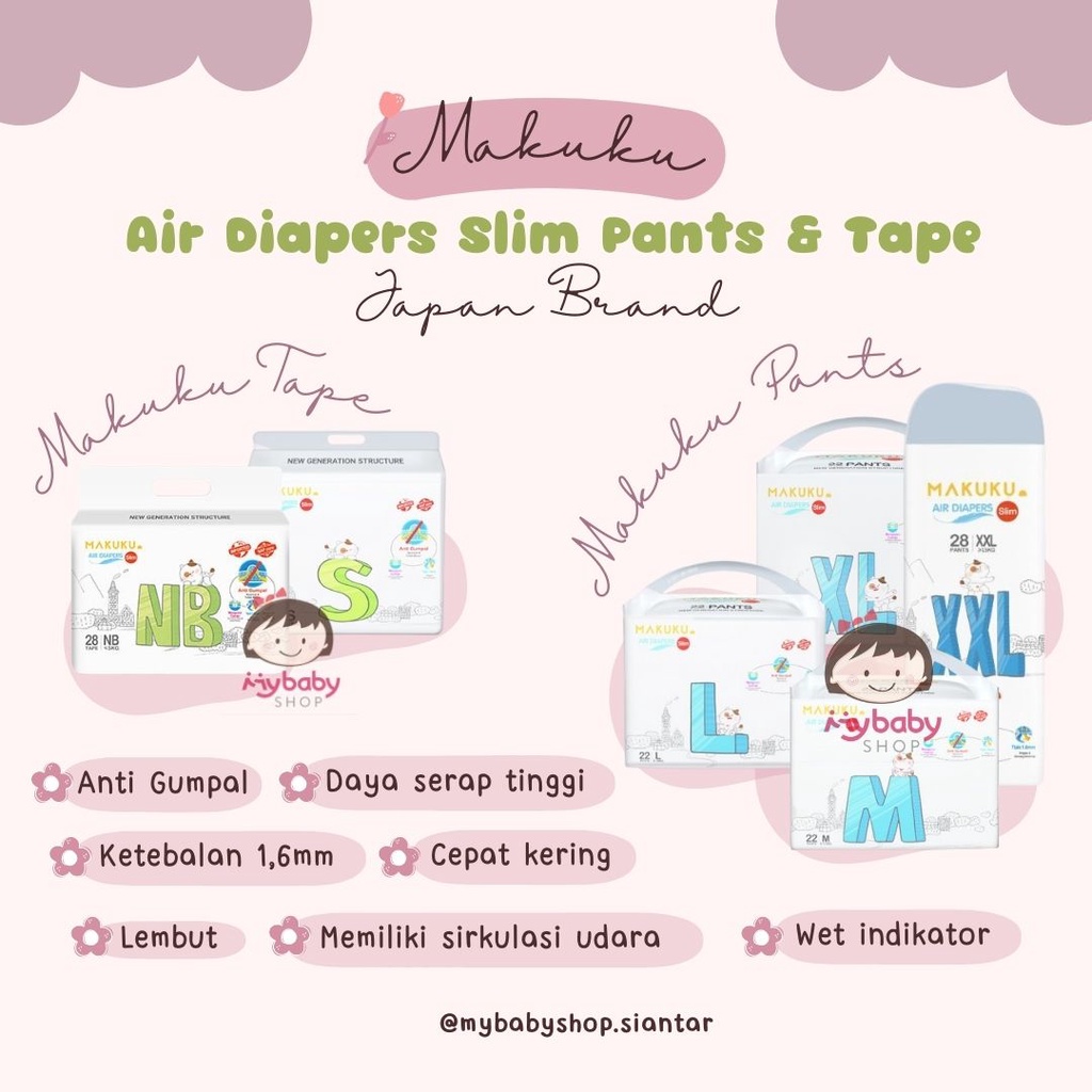 Makuku Air Diapers Slim Pants & Tape NB S M L XL XXL popok diaper / makuku diaper
