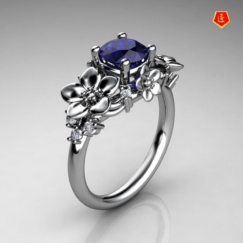 [Ready Stock]Creative Silver Inlaid Sapphire Flower Ring