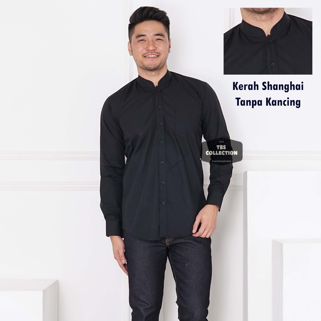 Kemeja Pria Lengan Panjang Polos HITAM BLACK Kerah ...