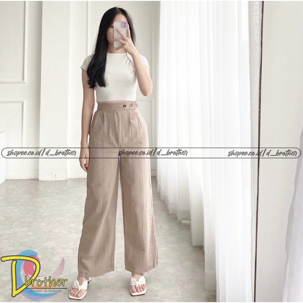 Celana Linen Highwaist VENYTA SIDE LINEN - Celana Linen Kancing 2 Samping