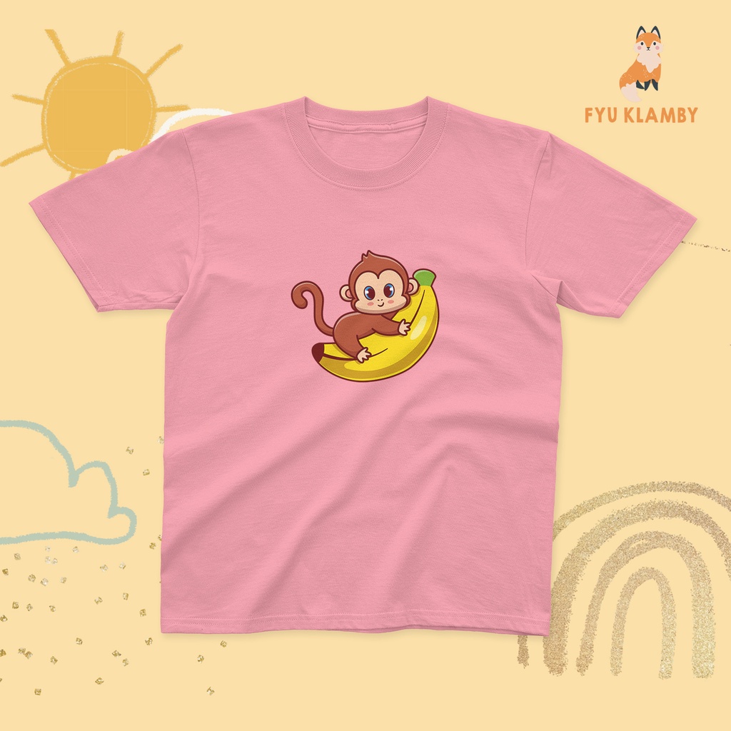 KAOS ANAK GAMBAR HEWAN MONYET DAN PISANG LUCU 100% KATUN 30S UNISEX
