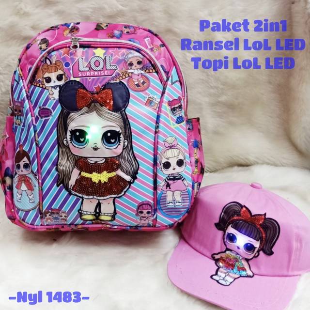 Tas Ransel Anak Perempuan LOL LED Musik + Topi Led /Tas Ransel Anak Set 2in1