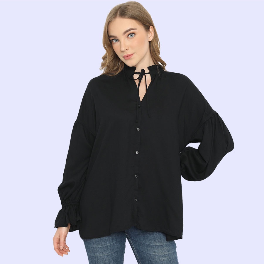 BLOUSE WANITA UNIQLO GU TIENECK BLOUSE-BLACK