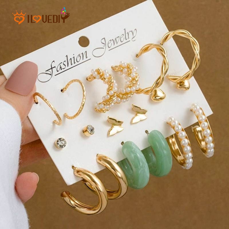 Anting Stud Bentuk Bulat Geometris Aksen Mutiara Bahan Resin Gaya Vintage Korea Untuk Pesta Pernikahan