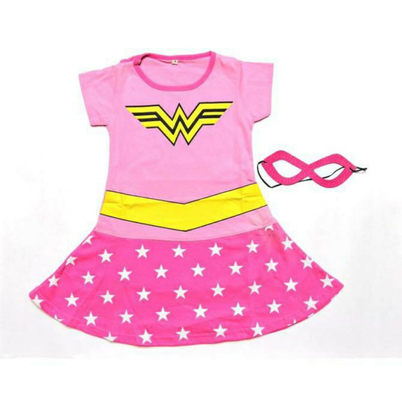 Baju Kostum Dress Wonder Women Anak Perempuan Cewek Umur 2 - 10 Tahun Warna Pink Terbaru