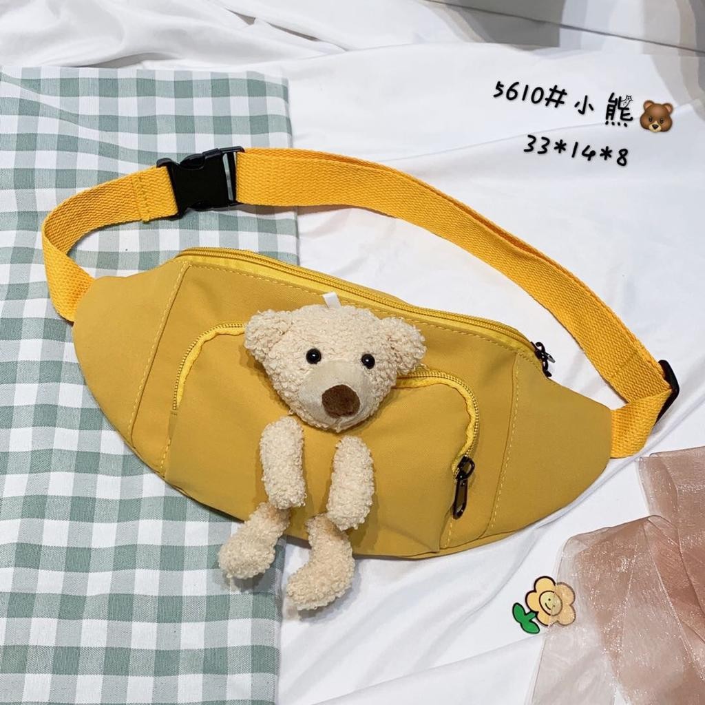 TAS PINGGANG WAIST BAG SELEMPANG KANVAS EXTRA KANTONG DEPAN BONEKA BERUANG BEAR LUCU Ta5610 ko ko