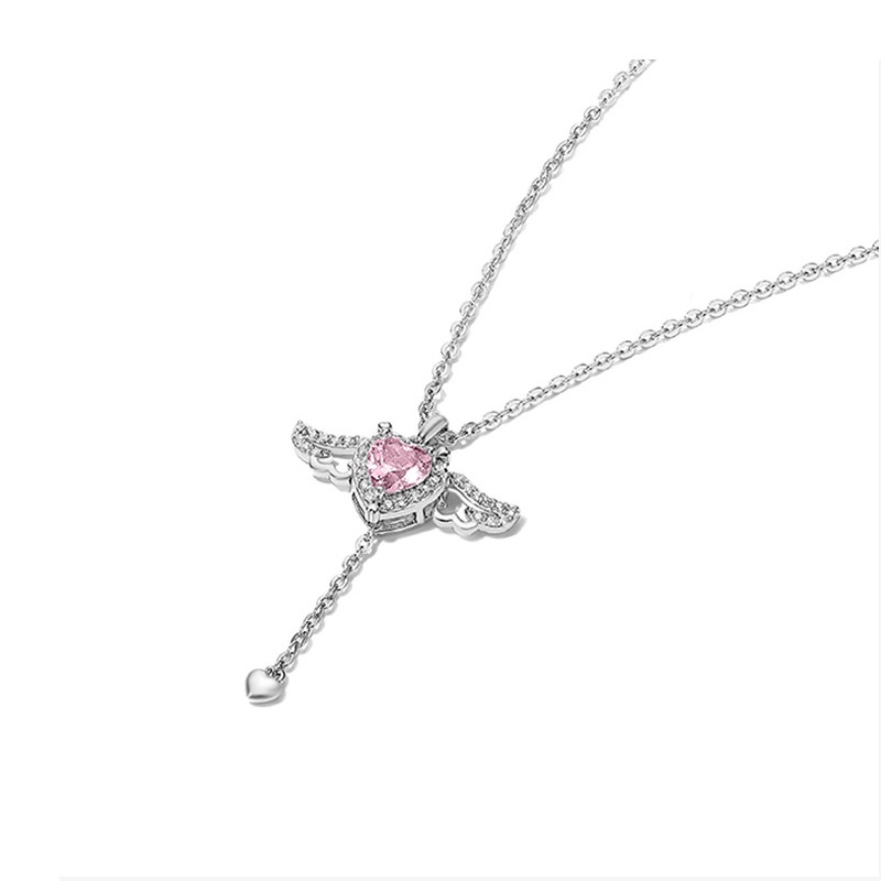 Barbie Kalung Rantai Silver 925 Liontin Hati + Sayap Malaikat Hias Cubic Zirconia Pink Untuk Wanita