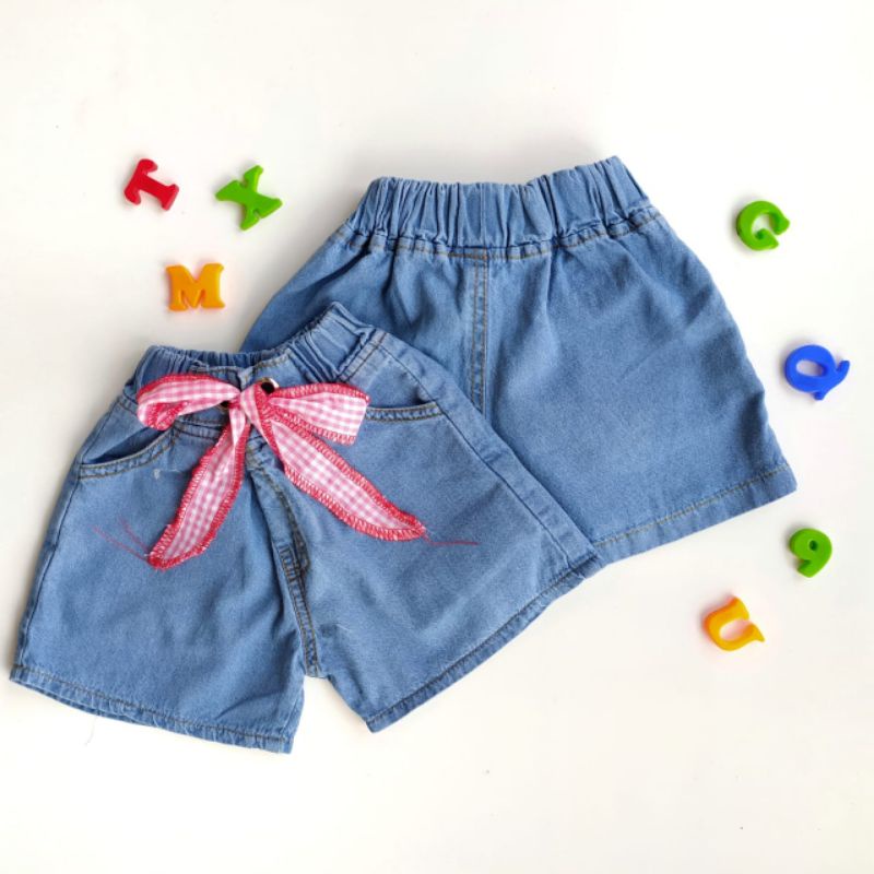 Celana Pendek Celpen Hotpant Hotpants Jeans Anak Cewek Perempuan 2-5Thn 246 Rumbai Pita Merah