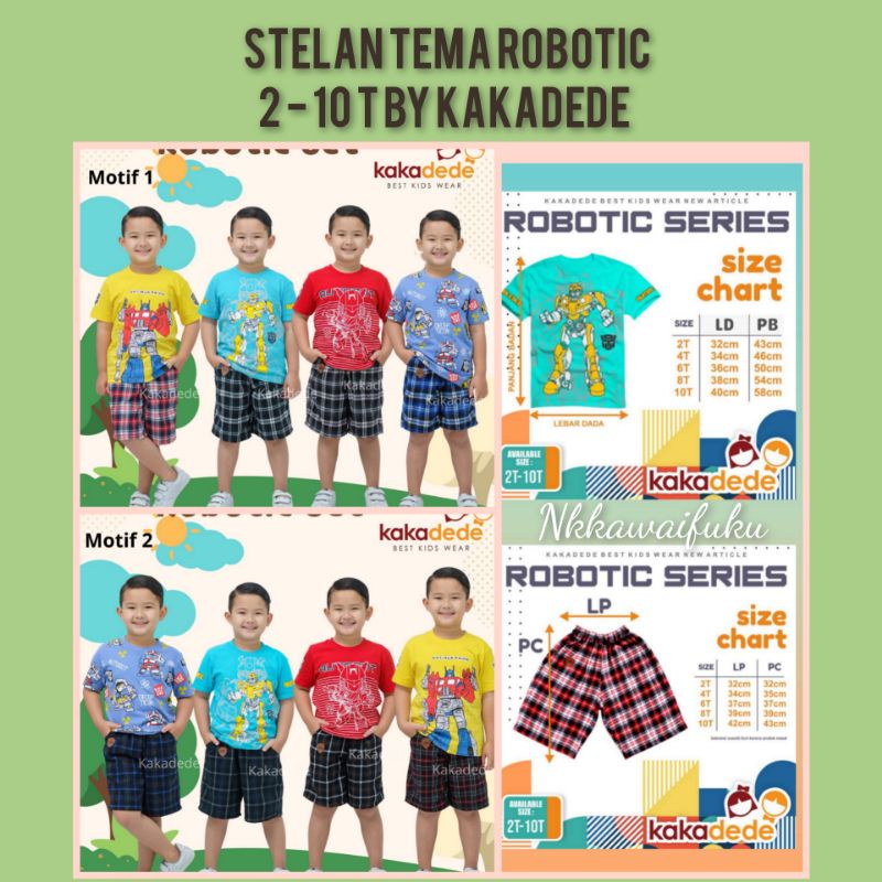 Setelan kaos robotic + celana pendek flanel anak laki laki cowok usia 2 - 10 tahun kakadede