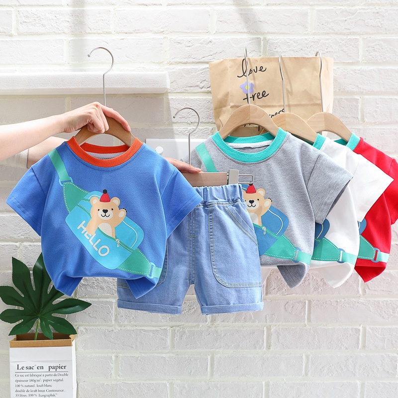 Setelan Anak Laki Laki ARCHIE Baju Set 2in1 Kaos dan Celana Soft Jeans Pendek Korean Style Import