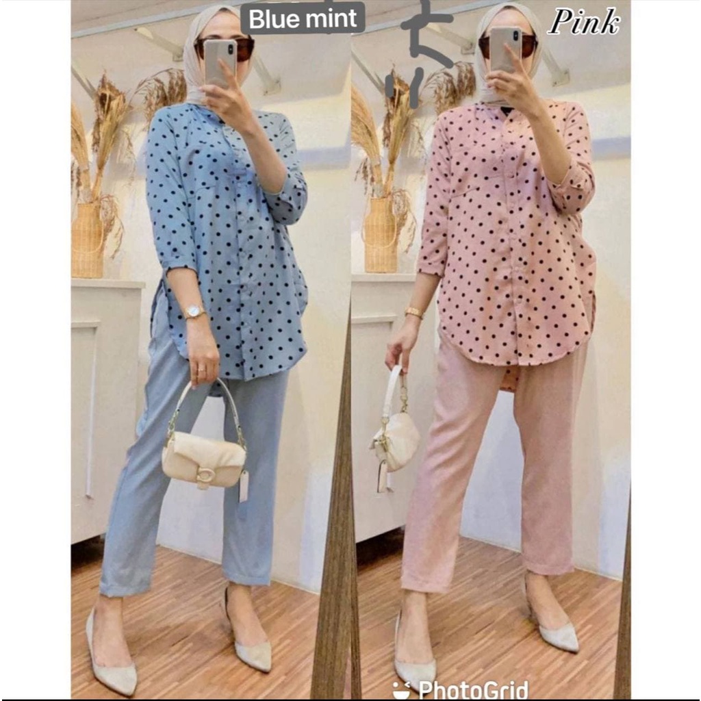 One Set Isla Renata Polkadot Shakila Kield Premium Baju Setelan Wanita Kekinian Set Celana Baggy Pants LD 110 cm