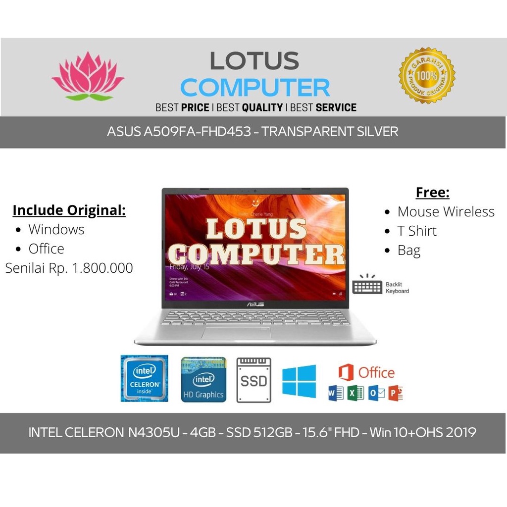 ASUS A509FA-FHD453/Celeron N4305U/4GB/512GB/15.6"HD/Win 10/Silver