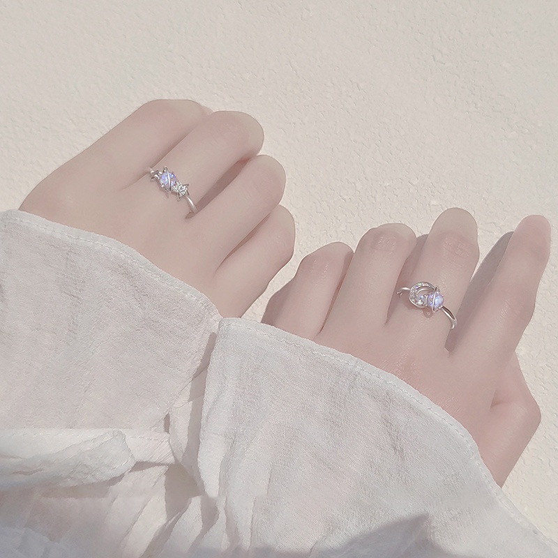 Cincin Jari Telunjuk S925 Silver Bentuk Bulan Bintang Dapat Disesuaikan Untuk Aksesoris Wanita