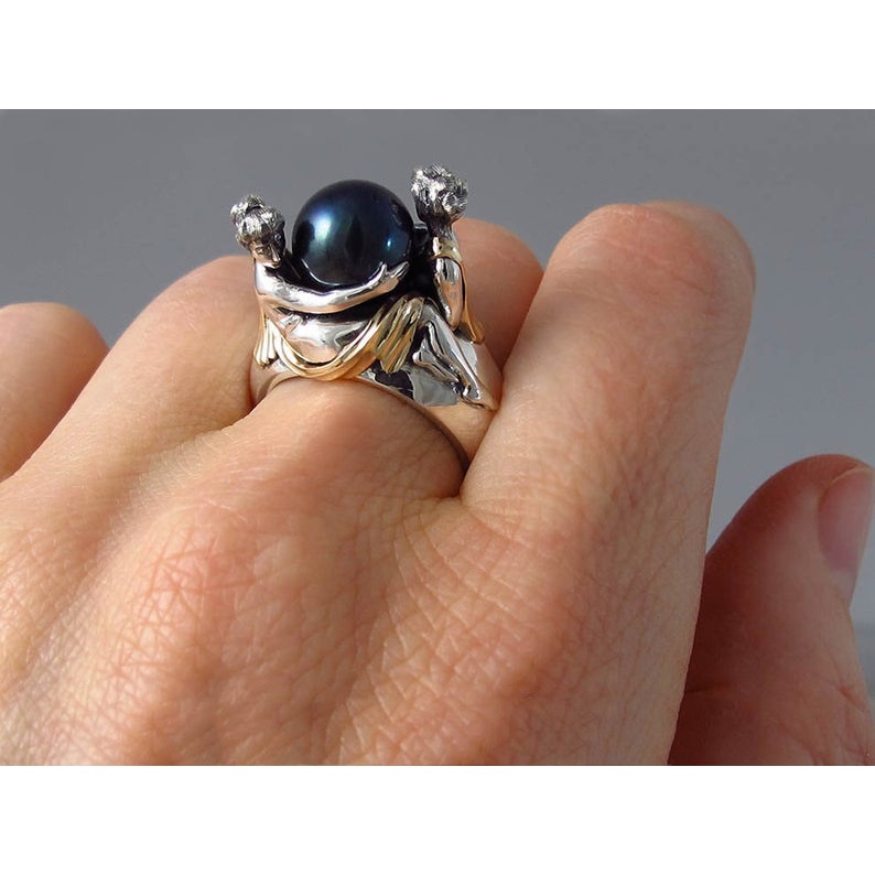 Cincin Mutiara Hitam Bahan Stainless Steel Gaya Perancis Untuk Wanita