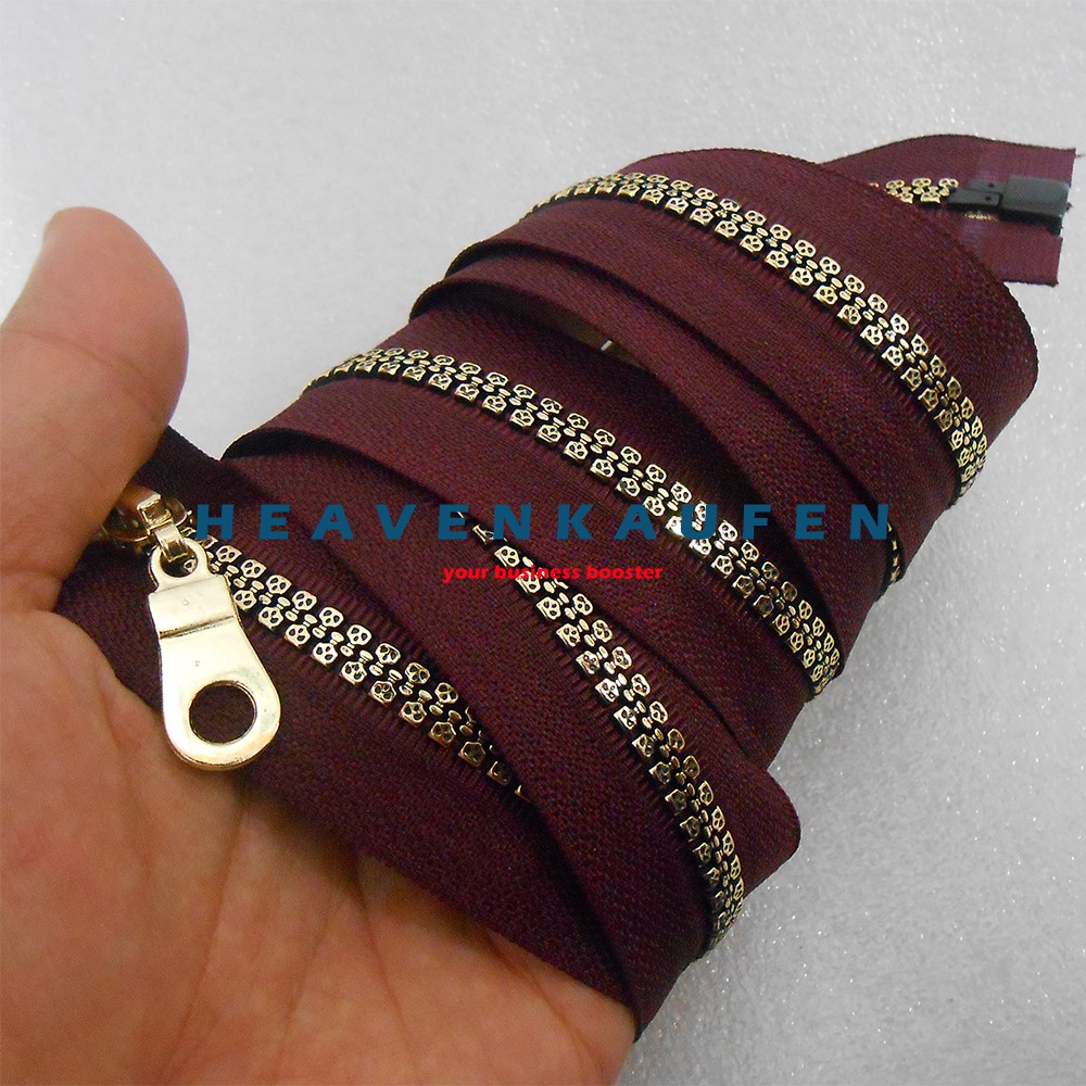 Resleting Zipper 100 cm (1 Meter) Merah Hati Marun - Gold Muda Kode A Untuk Jaket Abaya Gamis Dll