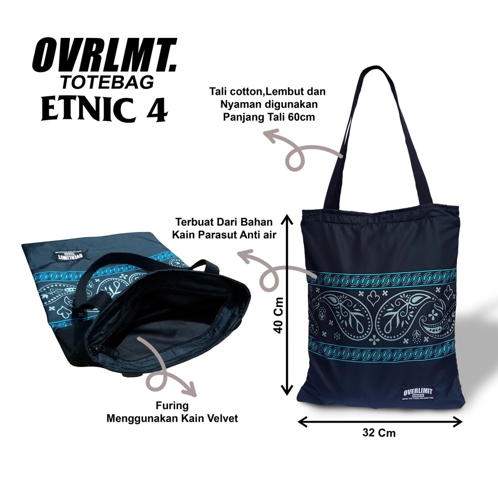 Tas Totebag OVERLIMIT Etnic Desain 4 Tote Bag Resleting Serba Guna / Totbag Distro Tas Tootbag Casual Tot Bag Motif Bahan Parasut