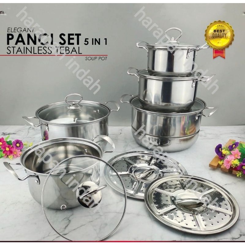 PANCI SET ISI 5 PCS STAINLESS tutup KACA +STEAMER KUKUSAN 2pcs