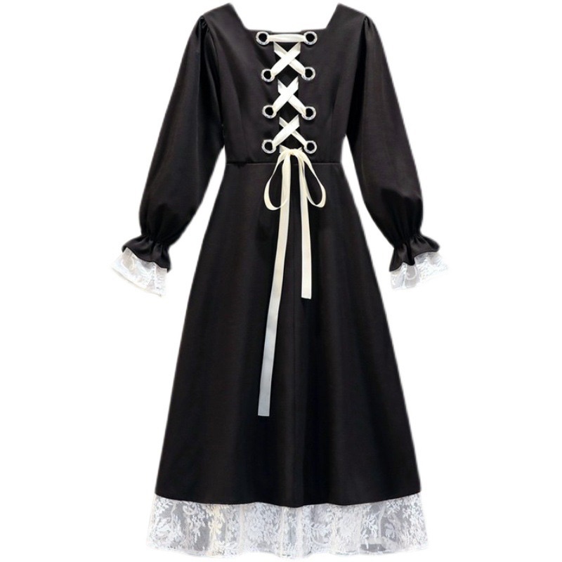 [ Retro Series ] LBD Little Black Dress Retro Style with Lace Premium ( Gaun  Hitam Wanita Detail Tali Ikat Belakang )