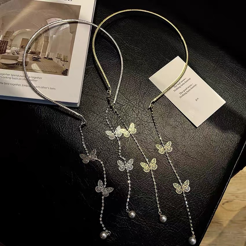 Bando Wanita Desain Kupu-Kupu Hias Kristal + Mutiara + Rumbai Gaya Elegan Anti Slip Untuk Pernikahan / Pesta