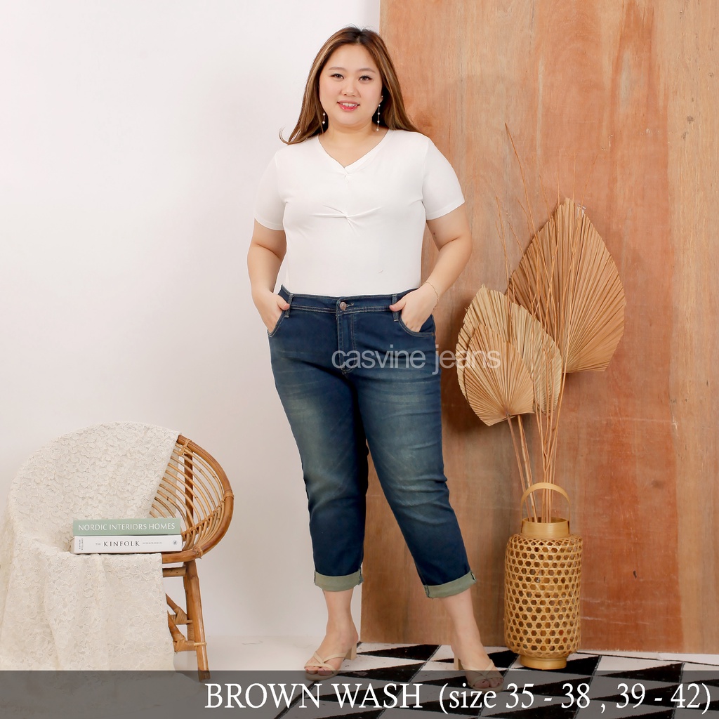 Celana Jeans Cewek Wanita Brown Wash Super Bigsize Over Jumbo Whisker Mom Jeans