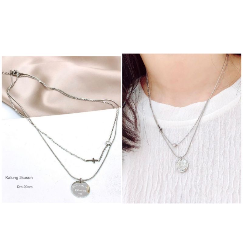 Kalung Titanium Asli Premium Quality Anti karat anti alergi Stainless steel  ori silver model susun K293