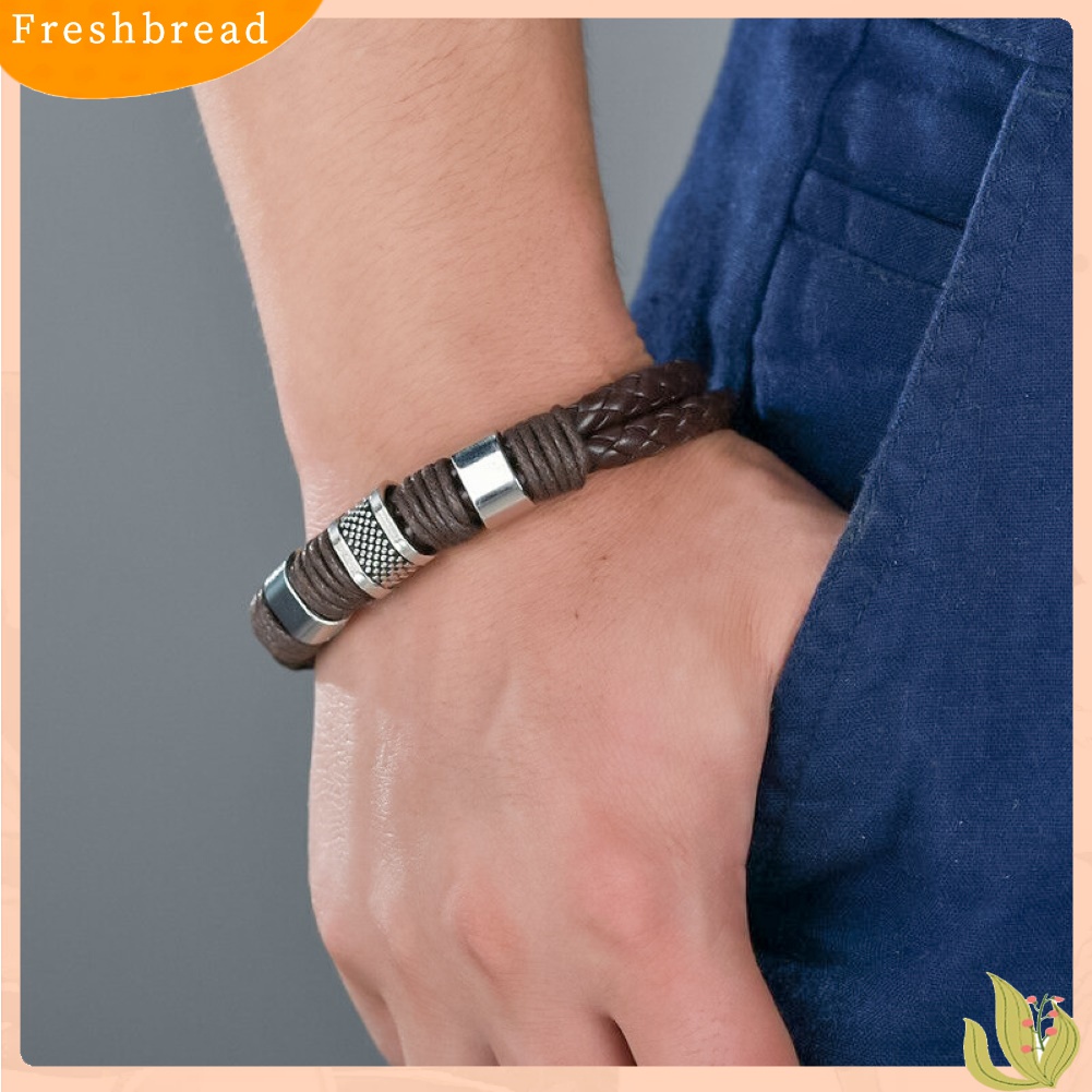 [TERLARIS]Fashion Mens Dual Layer Braided Faux Leather Magnetic Clasp Wrist Bracelet Gift