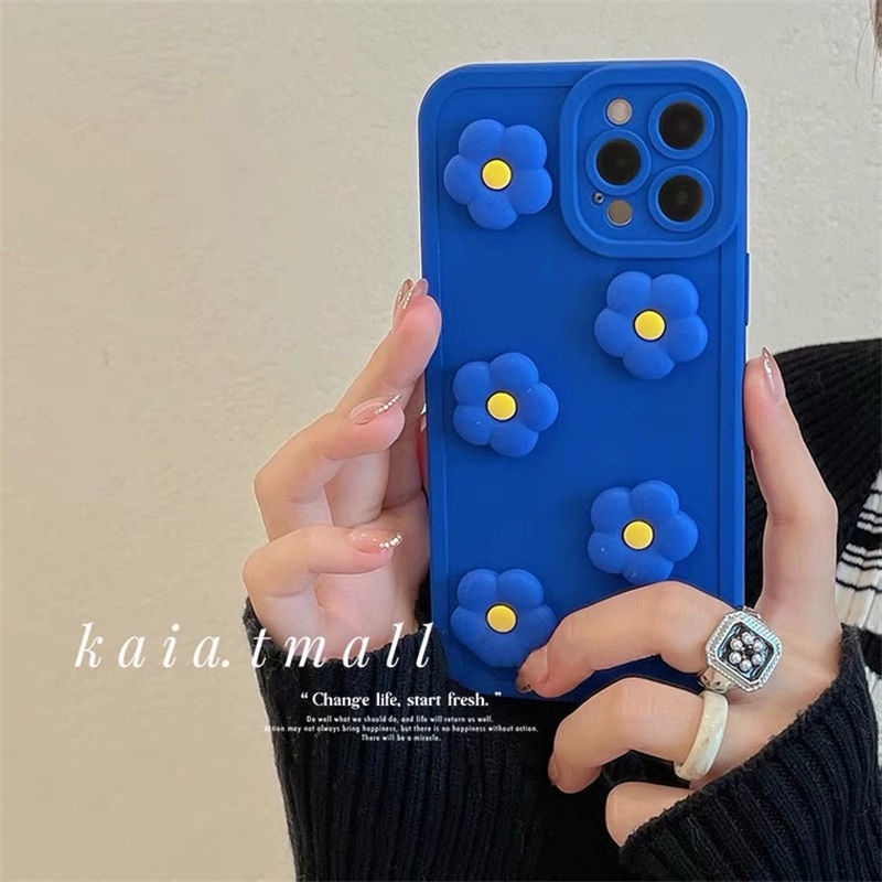 Pola Bunga Biru 3D iPhone 12 13 11 Pro Max X Xs Max Xr 7 8 Plus Casing Silikon Lslt