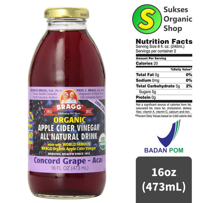 

Jual Organic Apple Cider Vinegar Concord Grape And Acai Drink Bragg | 473Ml