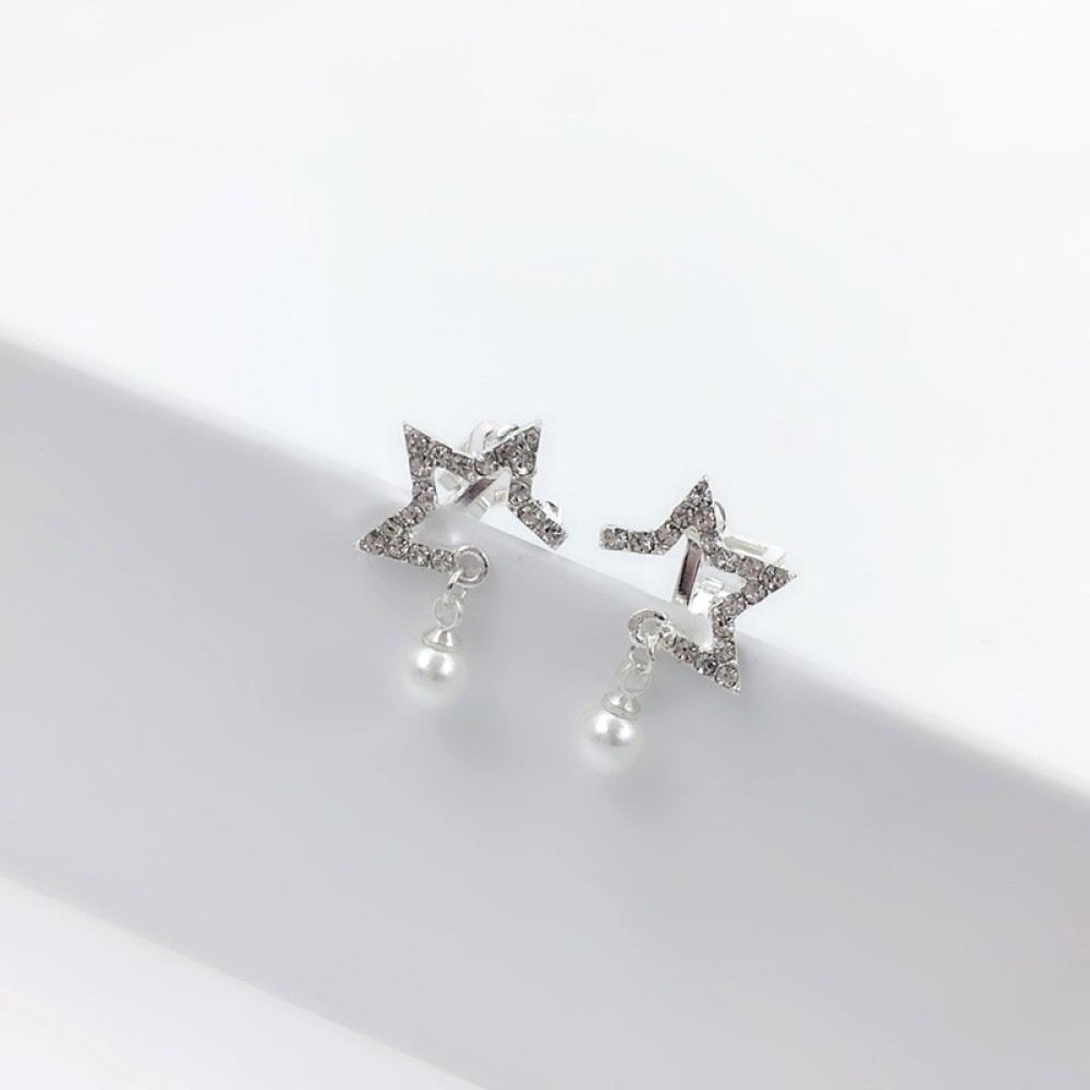 Anting Klip Tanpa Tindik Desain Bintang Hias Kristal Mutiara Imitasi Gaya Korea Untuk Wanita