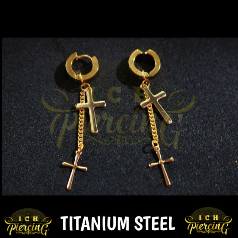 Best Anting SALIB Gantung BTS K-Pop Pria wanita Korea / Anting tindik dan jepit Titanium GOLD / anting anti karat / Tidak alergi