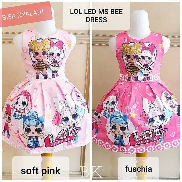 DRESS LOL LED NYALA LAMPU ANAK IMPORT PINK LUCU / GAUN PESTA ULANG TAHUN ANAK