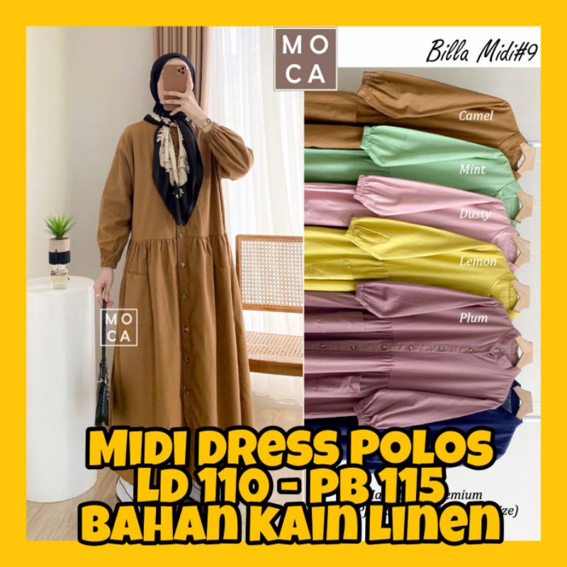 Midi Dress Polos Warna Navy Wanita Muslim Lengan Panjang Korean Style Modern Kekinian Terbaru Billa 
