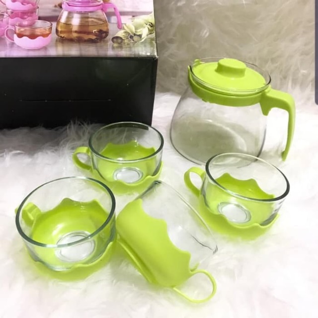 TEA TEH SET 5 IN 1 TEKO + GELAS KACA ANTI SELIP GROSIR TERMURAH