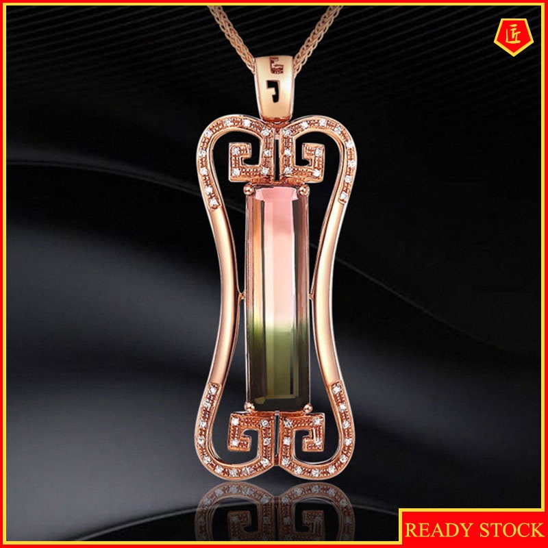 [Ready Stock]Fashion New Color Gem Seal Pendant Plated 18K Rose Gold Micro Inlaid with Diamond Necklace