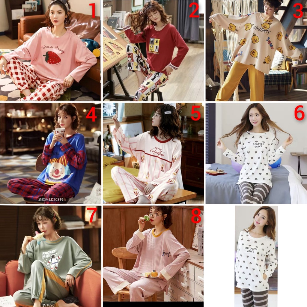 Baju tidur lengan panjang celana panjang bahan kaos import PPkaos028