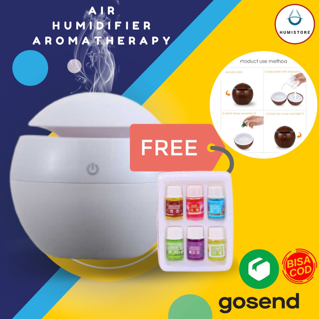 Air Humidifier Aromatherapy Desain Kayu 130ml-White + Oil Bonus