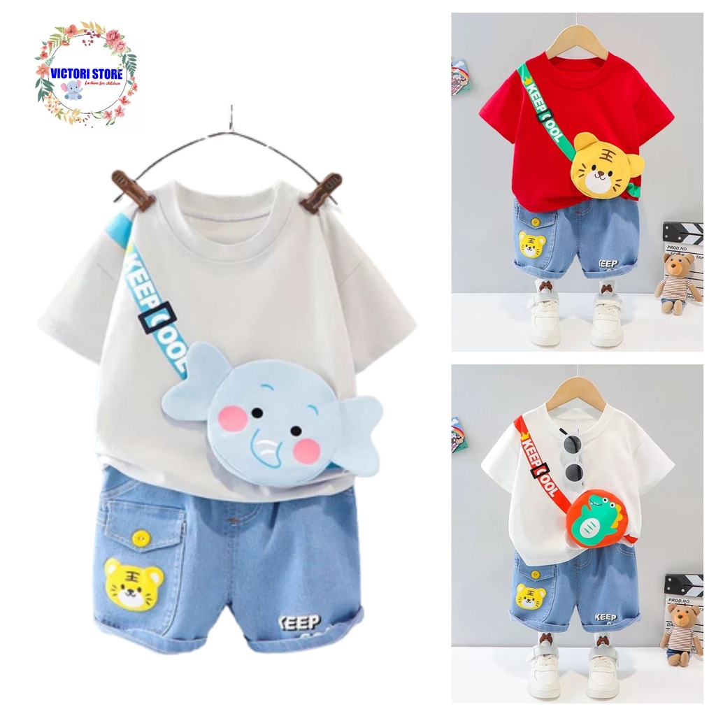 Setelan Anak Laki Laki COOL Baju Anak Set Kaos dan Celana Jeans Pendek 2 - 6 tahun Korean Style Import