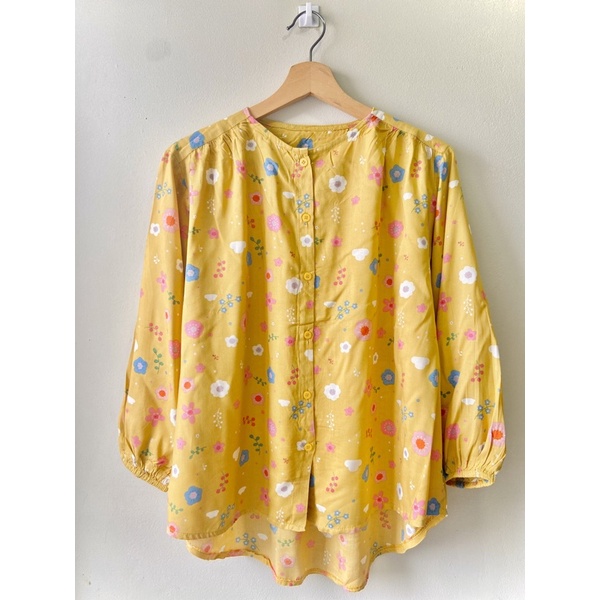 Blouse Wanita Motif Bunga Lengan Panjang Kerut Kancing Depan-Variasi 16