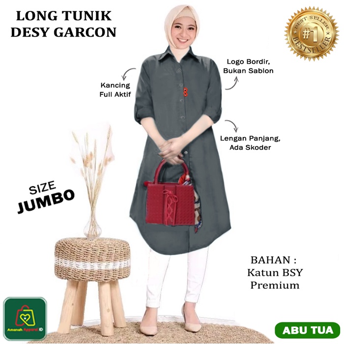 Baju Atasan Tunik Wanita Muslim LONG TUNIC DESY GARCON JUMBO Bahan Katun Emboss Premium Size XL-XXL / 19652 19655