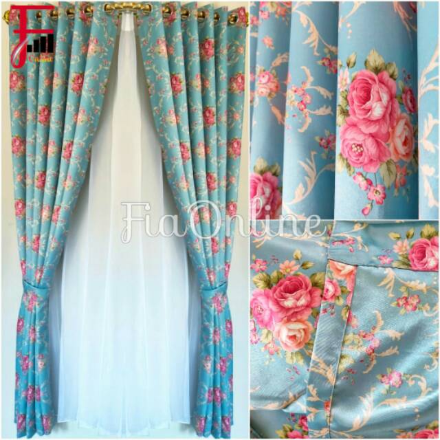 Gorden jendela minimalis gordeng pintu motif shabby chic sakura dua sisis bahan IMPORT tinggi 200cm